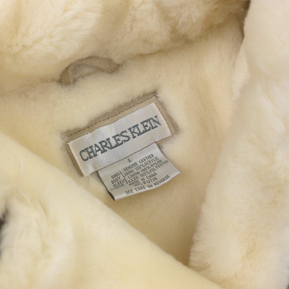 Charles Klein Luxurious Leather Tan and Cream Fleece Coat Size L - Picture 6 of 16